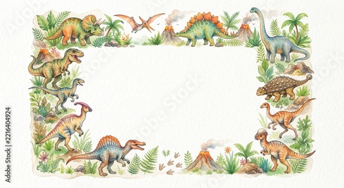 Frame border template of dinosaurs watercolor painting archeology concept ornate decoration