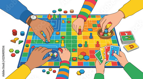 Top-down flat vector illustration of a diverse group of people playing a colorful board game with various pieces, dice, and cards on a clean white background.