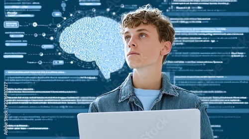 Focused Young Student Studying Artificial Intelligence and Code Concept via Laptop at Computer Lab