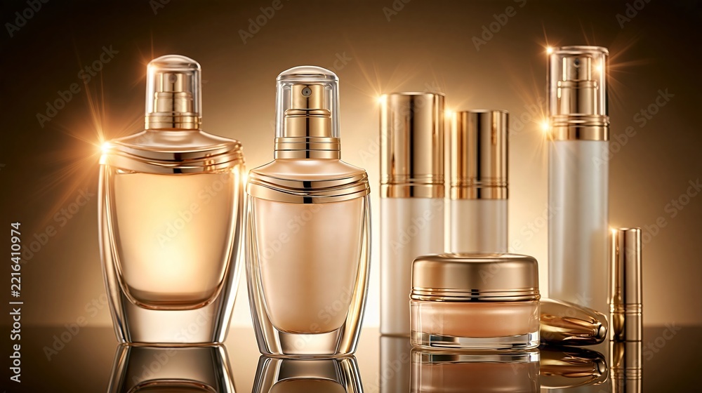Fototapeta premium Luxurious Anti Aging Skin Care Beauty Set With Glass Cosmetic Bottles On A Soft Golden Background