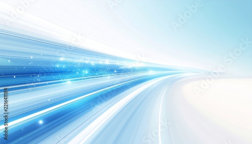 Distinctive streaks of light in varying shades of blue set against a white background clearly convey the concepts of rapid movement and speed in the digital age, reflecting innovation in contemporary 