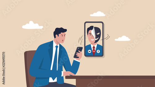 Deepfake executive impersonation fraud threat concept CFO receiving video phone call from CEO whose face is peeling back like loose sticker clean minimal flat vector illustration