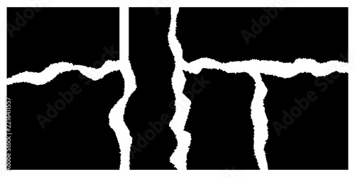 Set of torn paper edges, ripped paper borders isolated on black background, vector texture template