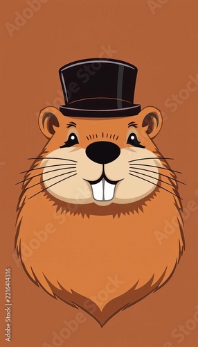Simple illustration of a beaver's head with a flat top hat, rustic, earthy