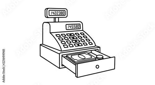 Vintage Cash Register with Open Drawer, Money, and Coins, Isolated on Transparent Background