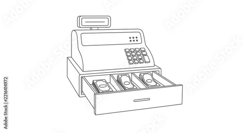 Vintage Cash Register with Open Drawer Full of Bills Isolated on Transparent Background
