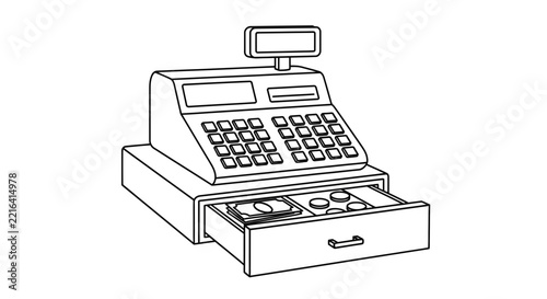 Vintage Cash Register with Open Drawer Showing Money and Coins, Isolated Line Art Illustration