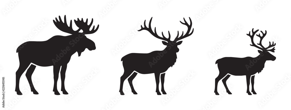 Fototapeta premium Moose, elk and reindeer silhouettes set with antlers for wildlife design, logo or signage