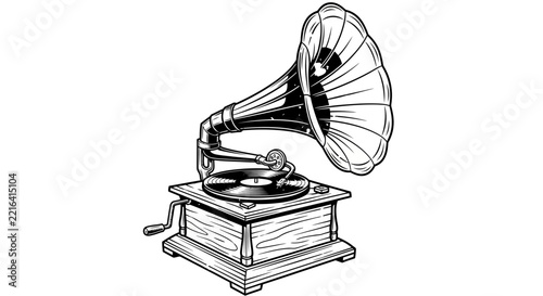 Vintage Gramophone with Horn and Record Player, Retro Music Device, Black and White Illustration