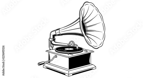 Vintage Gramophone with Horn, Retro Music Player Illustration, Old School Audio Device