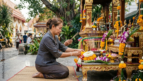 A Thai woman kneeling and offering flowers at a traditional spirit house in a temple.