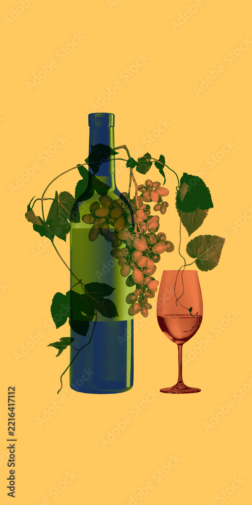 Fototapeta premium Blue wine bottle and glass wrapped with grapevine on yellow background in collage. Wine labels, tasting events, beverage retail concept.