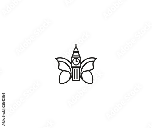 Big Ben Clock Tower with Butterfly Wings Logo Icon for London Travel and Tourism Vector