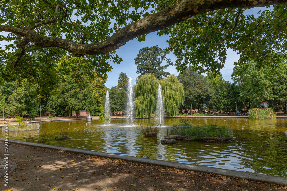 Naklejka premium Bethmannweiher, a pond in the rampart gardens of Frankfurts city center, Germany