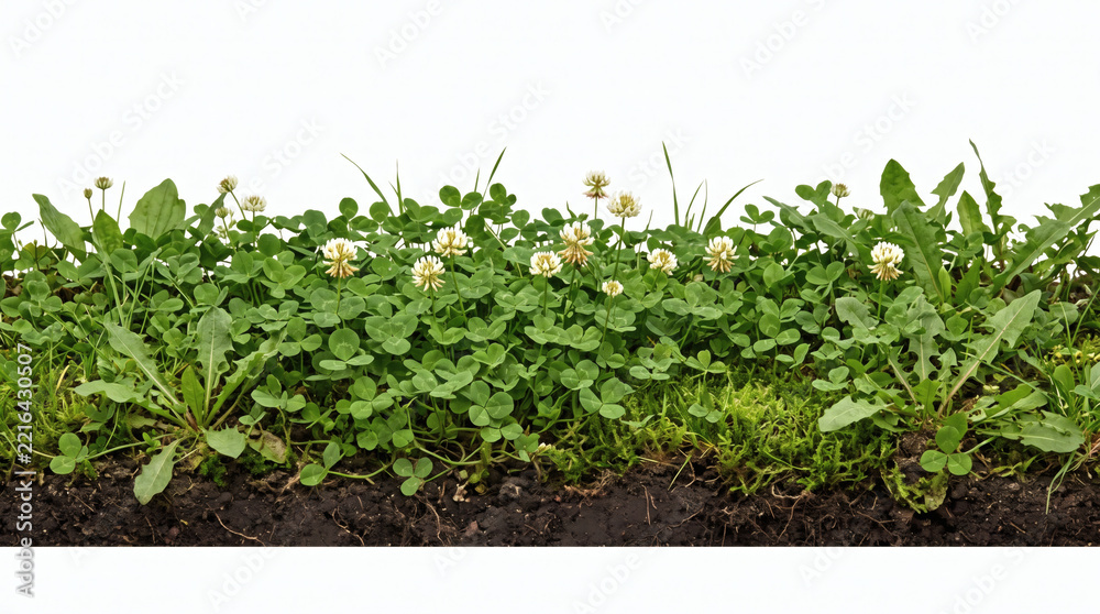 Fototapeta premium Border of fresh green clover plants with flowers isolated on white background. Trifolium shamrock groundcover with white blooms. Lucky Saint Patrick day foliage creates lawn grass decor.