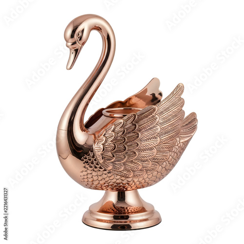 Rose gold swan sculpture with detailed feathers displayed on a pedestal for elegant home decor