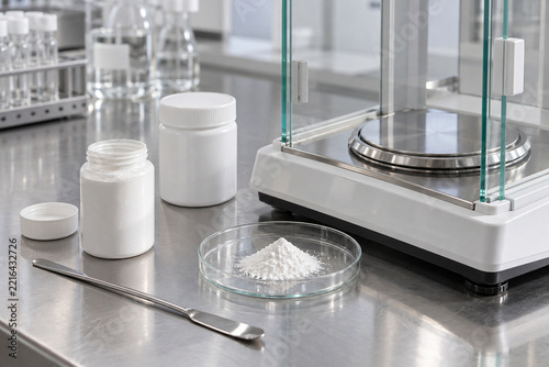 Pharmaceutical powder weighing with analytical balance in laboratory