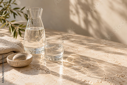 Minimal wellness hydration setup with water carafe and spa accessories