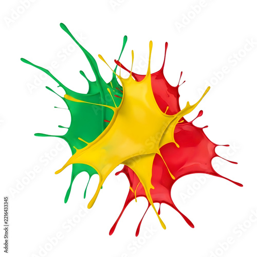 Red yellow and green paint splashes exploding together in dynamic motion during a vibrant celebration concept