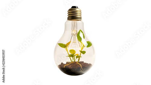 Light bulb with sprouting plant growing in soil representing eco-friendly energy innovation and sustainability