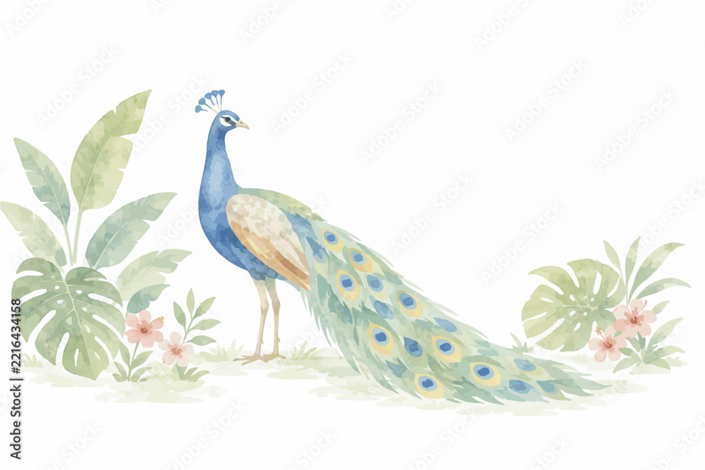 Fototapeta premium Exotic Wildlife and Tropical Animals in Minimalist Watercolor Landscape Illustration