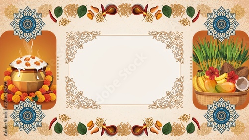Happy Pongal Greeting Card Layout with Earthen Pot, Fruits, Rangoli Mandalas, and Decorative Frame