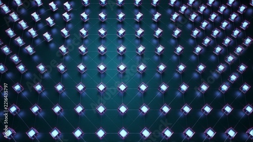 Glowing blue cubes in futuristic network grid pattern