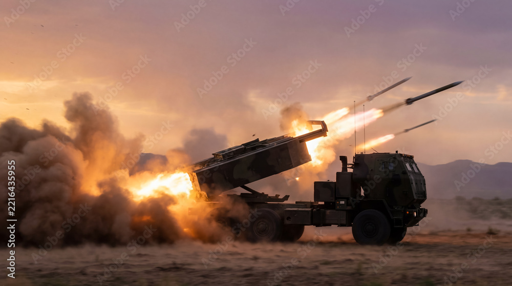 Fototapeta premium Heavy artillery unit fires rockets during dusk