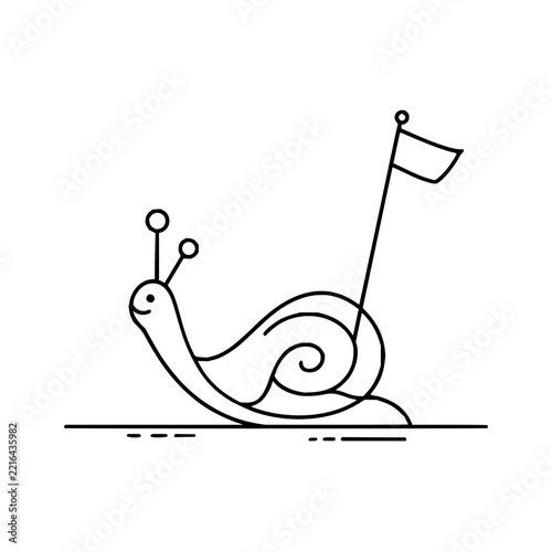 Snail with small flag vector line art illustration isolated