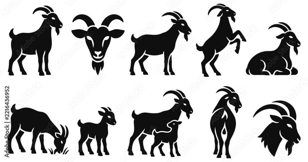 Fototapeta premium Goat solid icon set. Standing, grazing, resting and nursing goats with a young kid in black glyph vector silhouettes for livestock farming, dairy products, rural businesses and agricultural websites.