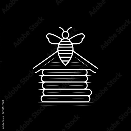 Minimalist white line art illustration of a honey bee above a tiered beehive on black