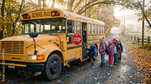 Children boarding school bus in autumn morning light on a rural road  