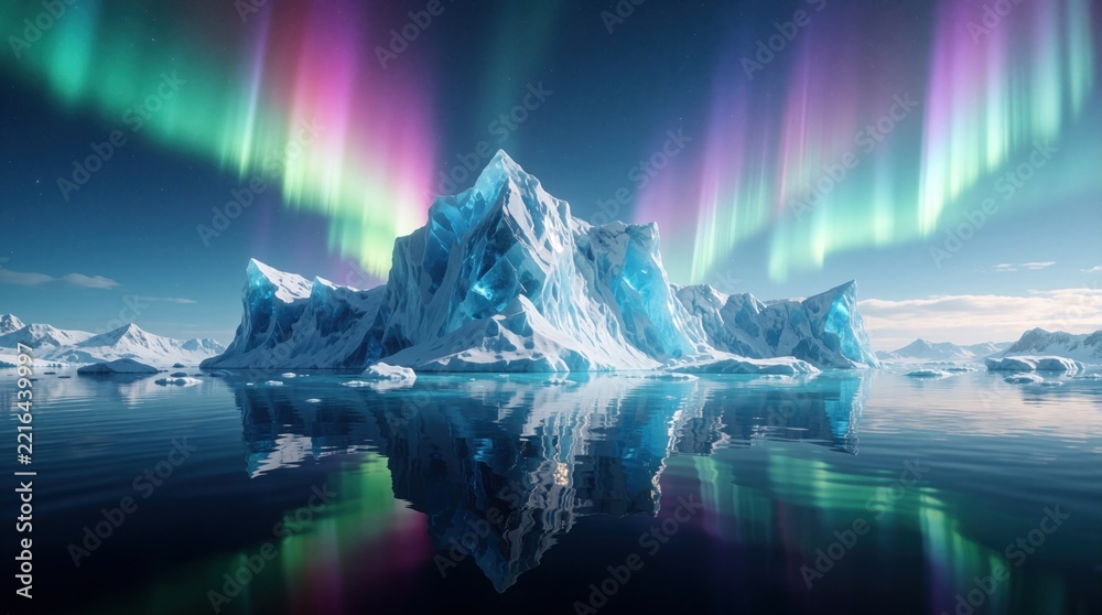 Fototapeta premium Arctic landscape with giant blue iceberg floating in calm ocean water. Vibrant aurora borealis lights glow in night sky over frozen mountains. Serene polar scenery with ice reflections on sea surface