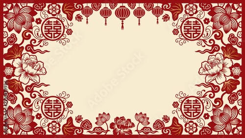 Traditional Chinese paper cut frame background with double happiness symbol peony flowers and lanterns on beige