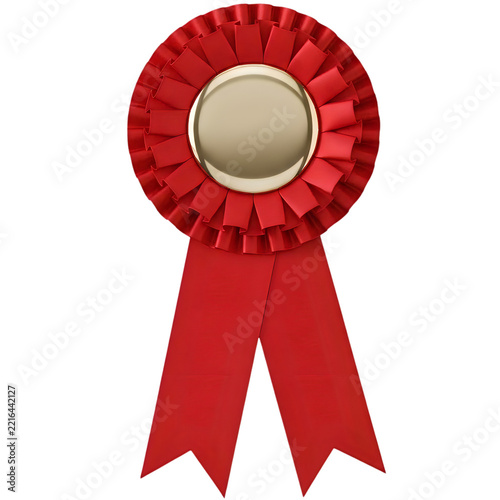 Red rosette award ribbon with golden center for achievement and recognition during celebrations