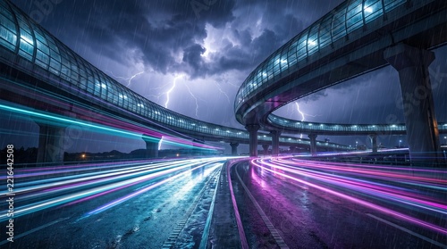 Dramatic night time view of a modern highway bridge with long exposure light trails and heavy lightning storm