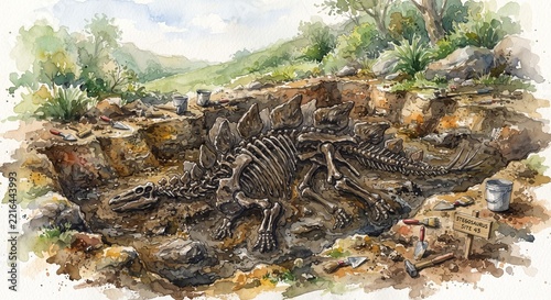 Dinosaur fossils in the ground watercolor painting illustration concept