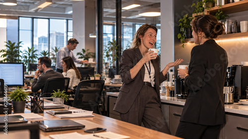 Happy female colleagues chatting and drinking coffee during office break