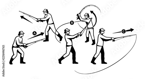 Fly Fishing Casting Technique Diagram Featuring Roll Cast Overhand Backcast Forward Cast Motion Trajectory and Fishermen Line Art Vector Illustration