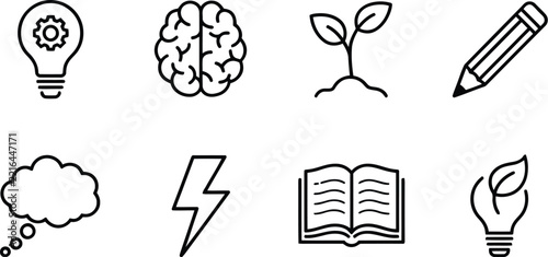 Idea vector icon set displaying creative thinking and education