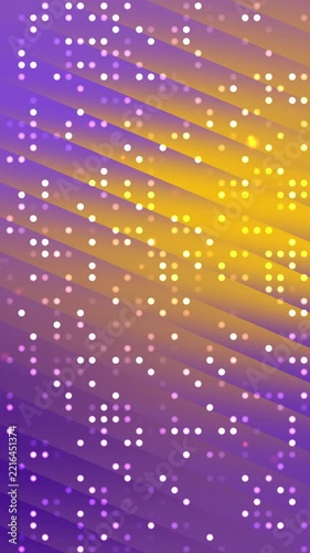 Dynamic motion of small glowing particles and digital dots across a vibrant purple and yellow gradient background with diagonal lines, creating an abstract technological feel.
