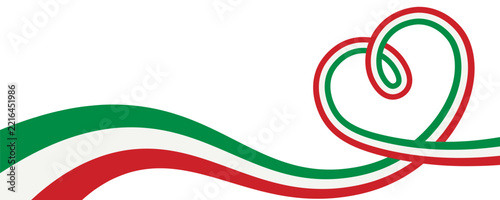 Italian flag flowing ribbon swirl in heart shape, isolated on transparent background. Patriotic banner with Italy flag ribbon and copy space. PNG. Vector illustration