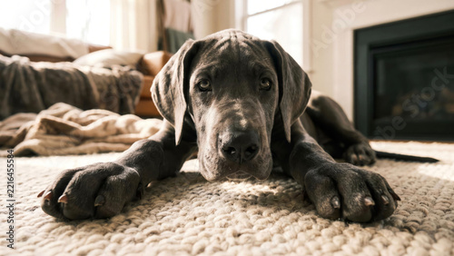 Blue Great Dane Puppy Lying Low on Carpet Looking at Camera Close Up