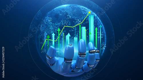 Futuristic robot hand holding growth chart symbolizing digital technology and business analytics, 3D rendering