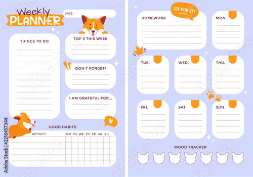 Cute weekly planner for kids or students with playful corgi illustrations. Homework, daily schedule, habit and and mood tracking, to-do list, gratitude section. Vector printable teplate.