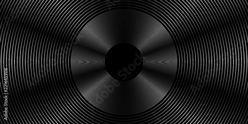 Abstract dark black background with white concentric circle lines vector illustration. Futuristic digital technology tunnel portal optical illusion wallpaper.