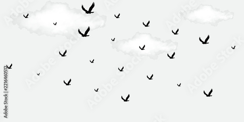 Flock of flying birds silhouetted against clouds vector illustration. Eagle or raven bird migration pattern on white background.