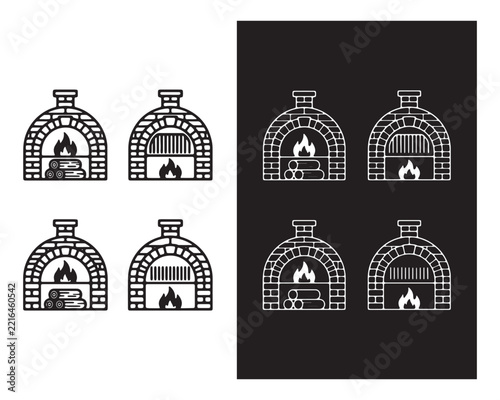Set of wood fired brick oven icons