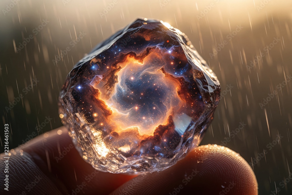 Fototapeta premium Hand holds glowing crystal stone containing cosmic nebula galaxy. Shining gemstone with swirling stars, orange fire clouds inside. Magical space gem glitters under rain drops. Person holds mysterious