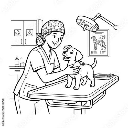 Coloring page of veterinarian examining a cute puppy in clinic